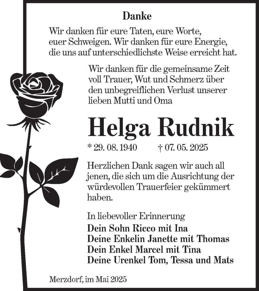  Traueranzeige für Helga Rudnik vom 31.05.2025 aus Lausitzer Rundschau