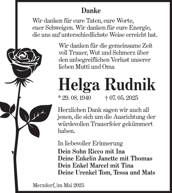 Traueranzeige von Helga Rudnik von Lausitzer Rundschau