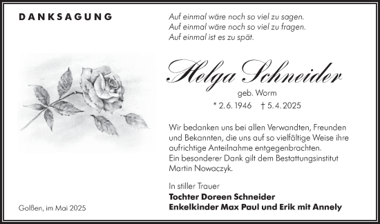 Traueranzeige von Helga Schneider von Lausitzer Rundschau