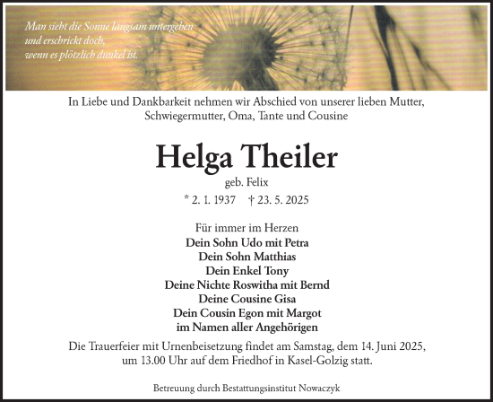 Traueranzeige von Helga Theiler von Lausitzer Rundschau