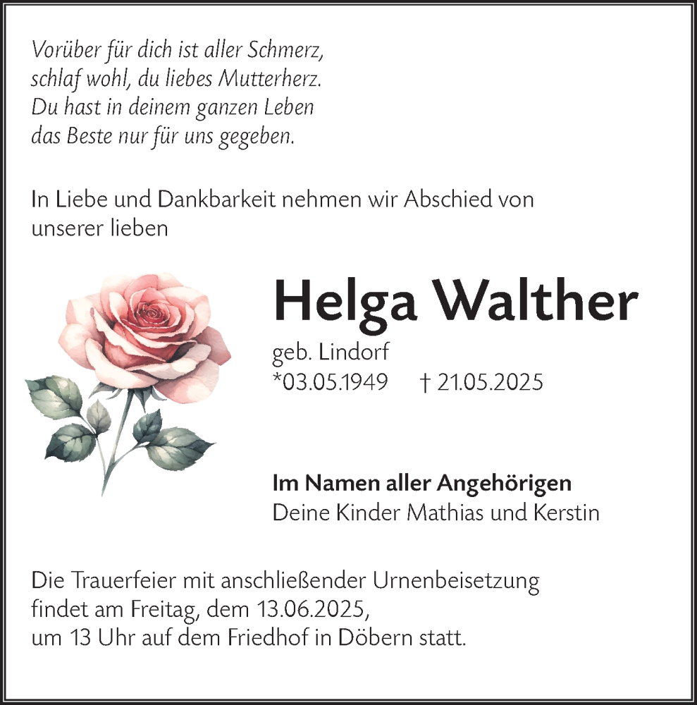  Traueranzeige für Helga Walther vom 31.05.2025 aus Lausitzer Rundschau