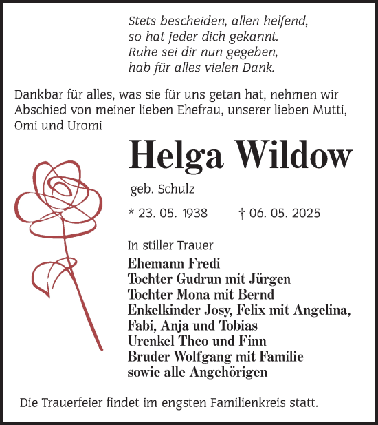 Traueranzeige von Helga Wildow von Lausitzer Rundschau