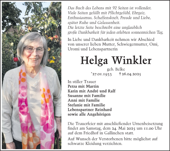 Traueranzeige von Helga Winkler von Lausitzer Rundschau