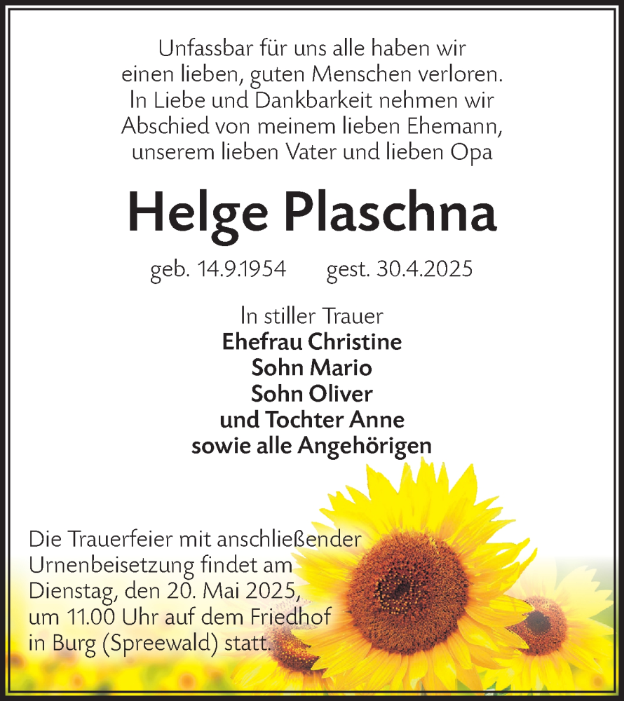  Traueranzeige für Helge Plaschna vom 10.05.2025 aus Lausitzer Rundschau
