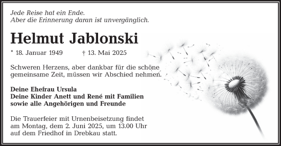 Traueranzeige von Helmut Jablonski von Lausitzer Rundschau