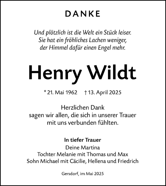 Traueranzeige von Henry Wildt von Lausitzer Rundschau