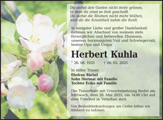 Traueranzeige von Herbert Kuhla von Lausitzer Rundschau