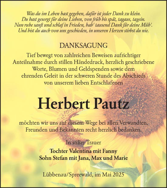 Traueranzeige von Herbert Pautz von Lausitzer Rundschau