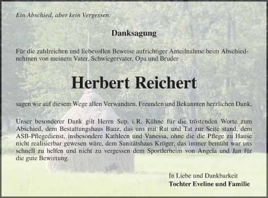 Traueranzeige von Herbert Reichert von Lausitzer Rundschau