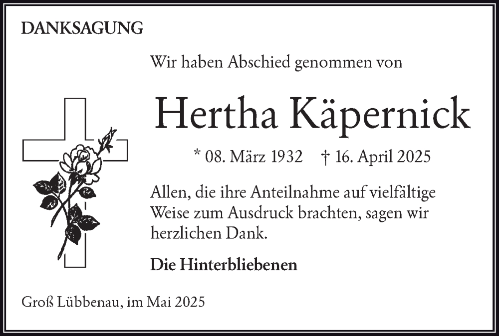  Traueranzeige für Hertha Käpernick vom 17.05.2025 aus Lausitzer Rundschau