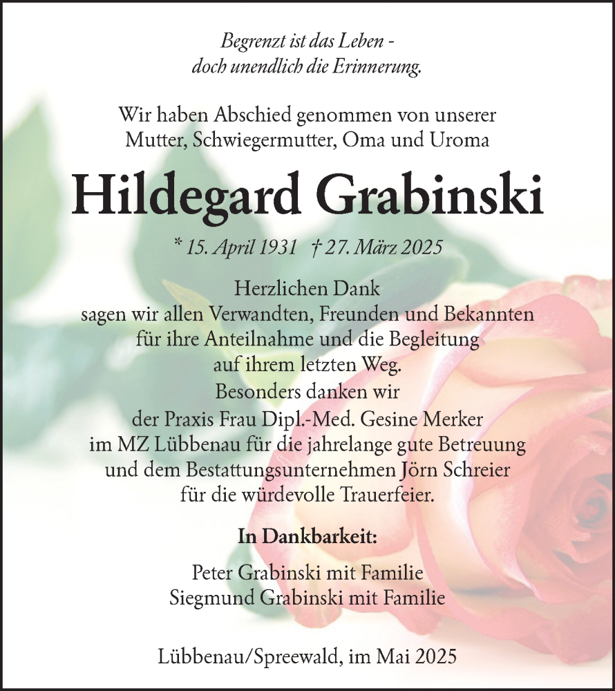  Traueranzeige für Hildegard Grabinski vom 17.05.2025 aus Lausitzer Rundschau