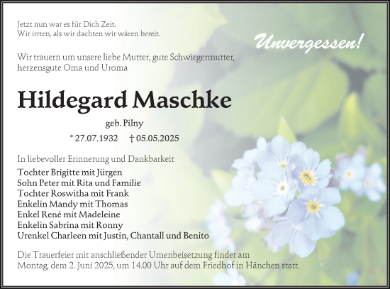 Traueranzeige von Hildegard Maschke von Lausitzer Rundschau