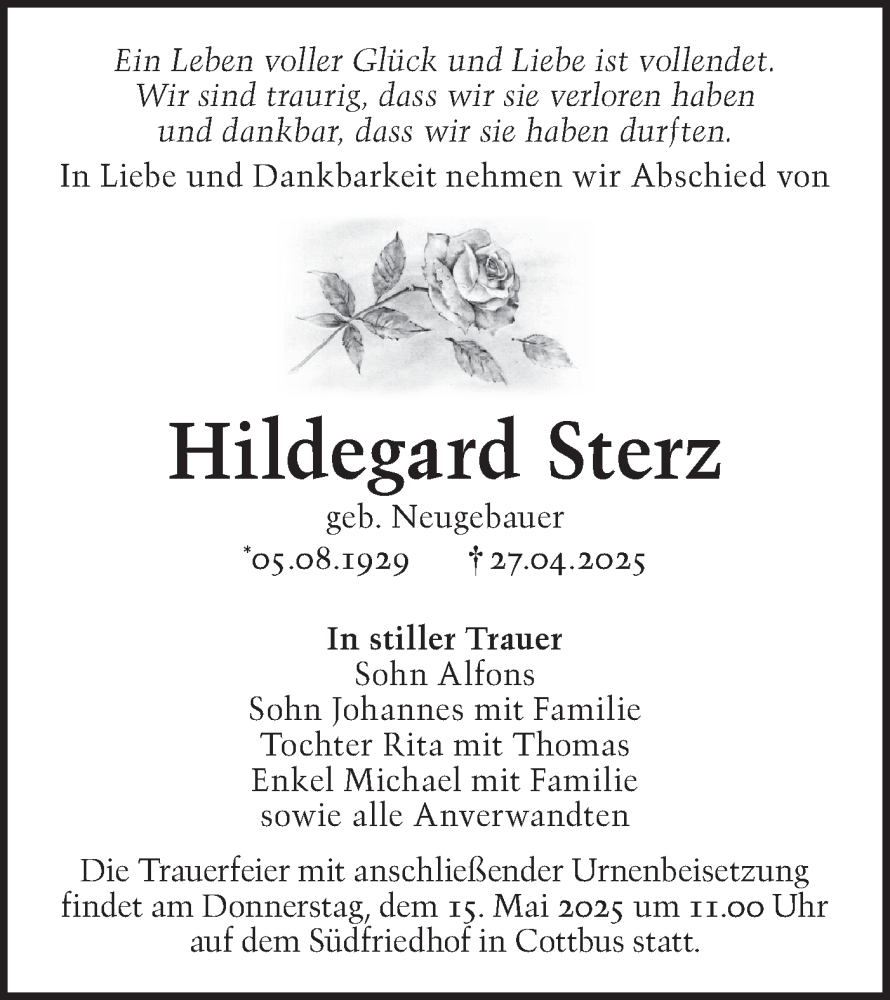  Traueranzeige für Hildegard Sterz vom 10.05.2025 aus Lausitzer Rundschau