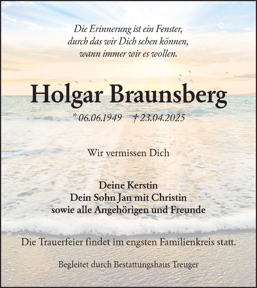 Traueranzeige für Holgar Braunsberg vom 17.05.2025 aus Lausitzer Rundschau