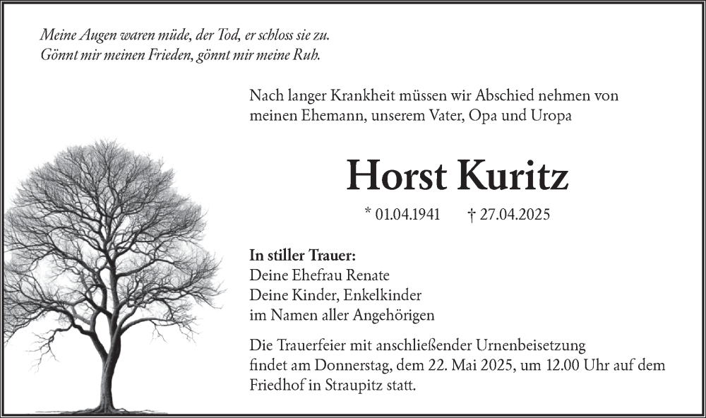  Traueranzeige für Horst Kuritz vom 10.05.2025 aus Lausitzer Rundschau