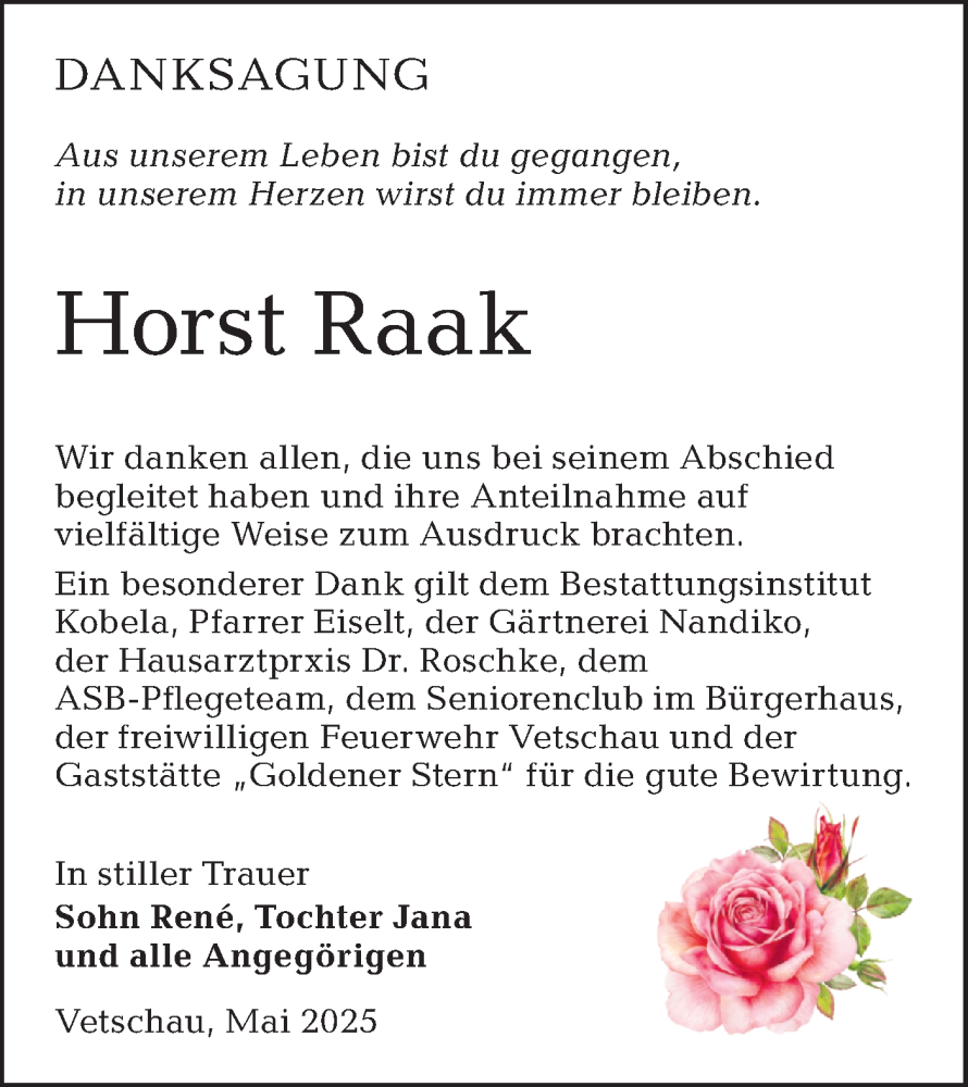  Traueranzeige für Horst Raak vom 10.05.2025 aus Lausitzer Rundschau