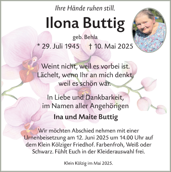 Traueranzeige von Ilona Buttig von Lausitzer Rundschau