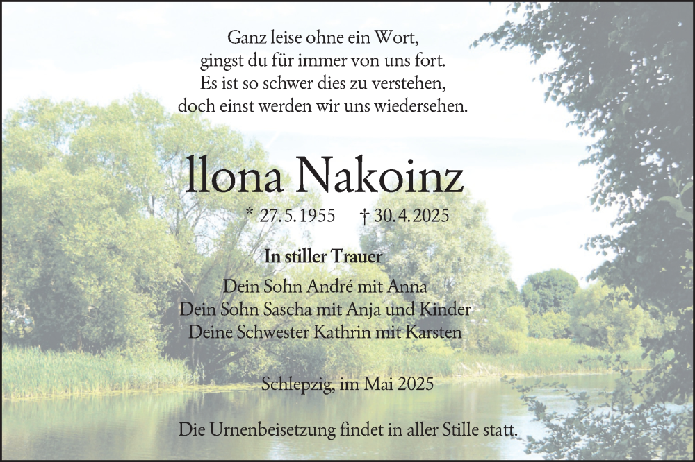  Traueranzeige für Ilona Nakoinz vom 17.05.2025 aus Lausitzer Rundschau