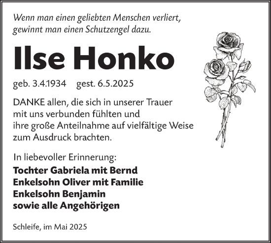 Traueranzeige von Ilse Honko von Lausitzer Rundschau