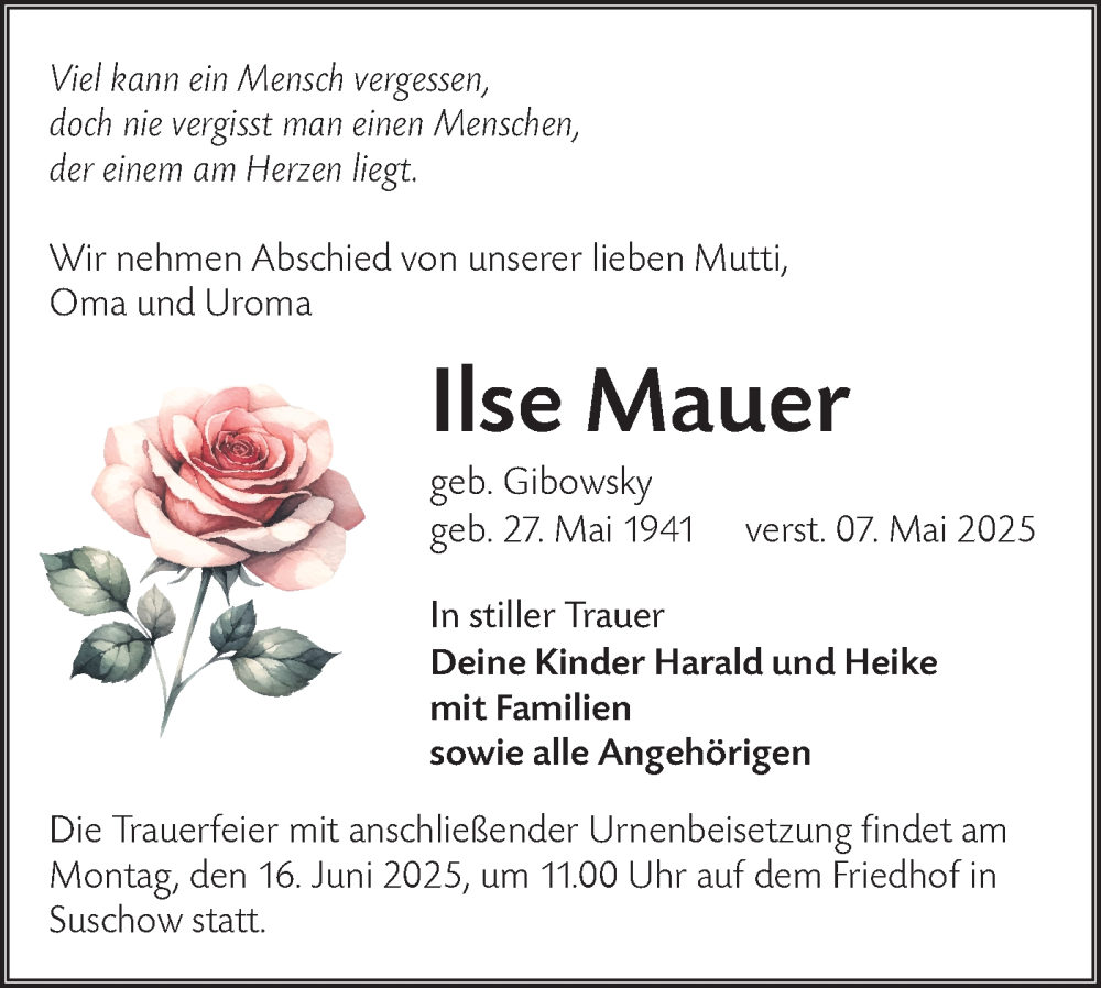  Traueranzeige für Ilse Mauer vom 24.05.2025 aus Lausitzer Rundschau