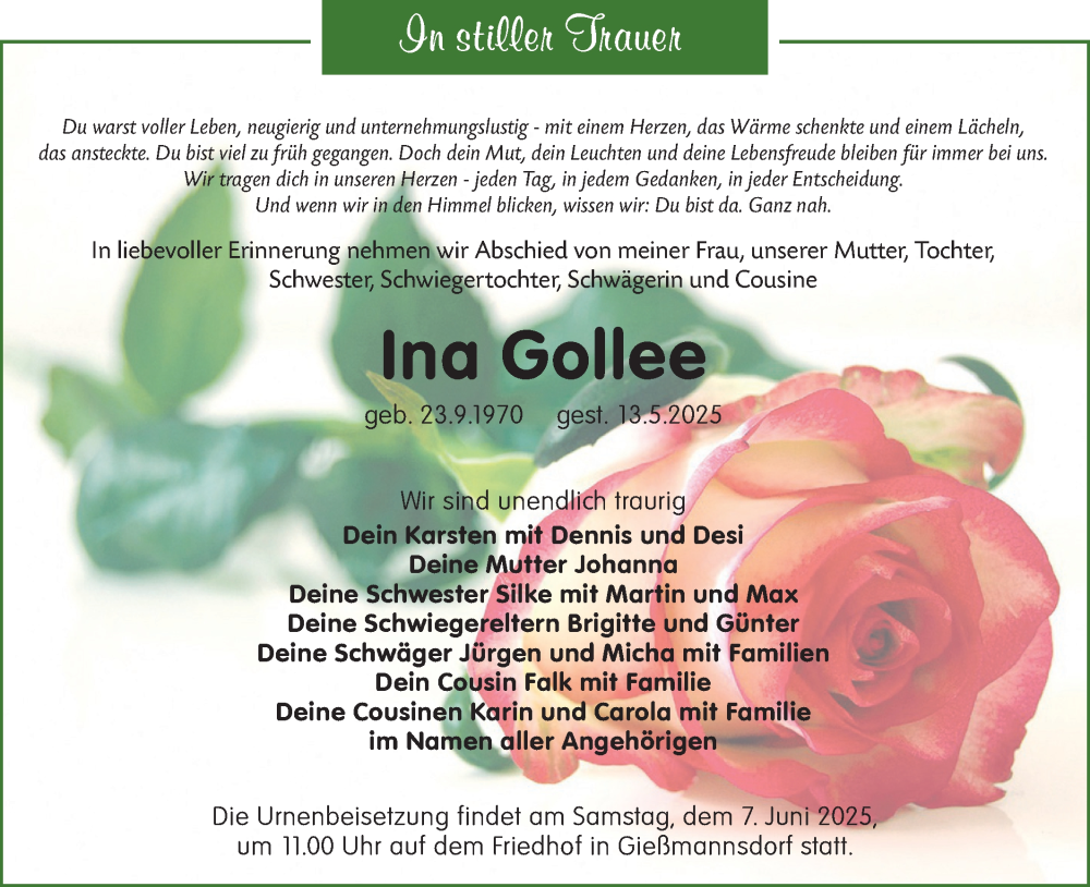  Traueranzeige für Ina Gollee vom 24.05.2025 aus Lausitzer Rundschau