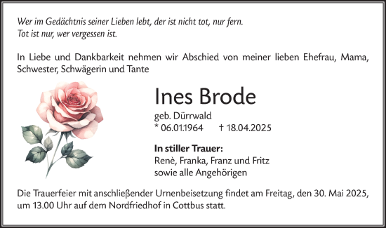 Traueranzeige von Ines Brode von Lausitzer Rundschau