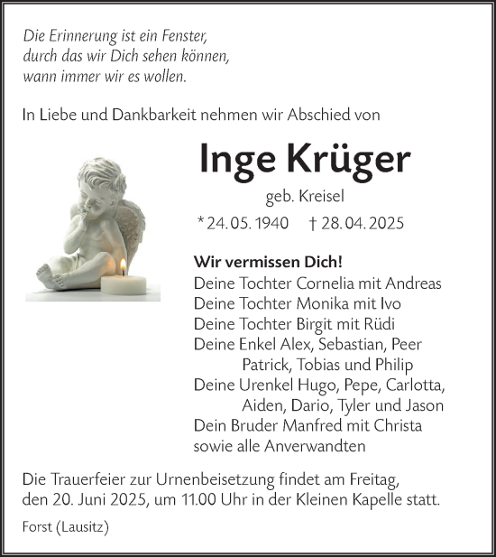 Traueranzeige von Inge Krüger von Lausitzer Rundschau