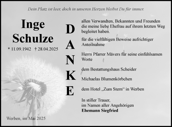 Traueranzeige von Inge Schulze von Lausitzer Rundschau