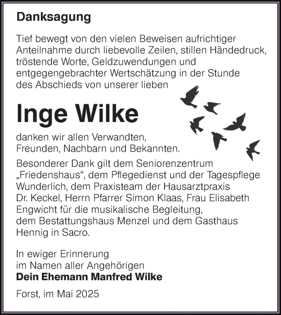 Traueranzeige von Inge Wilke von Lausitzer Rundschau