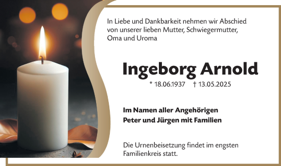 Traueranzeige von Ingeborg Arnold von Lausitzer Rundschau