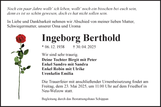 Traueranzeige von Ingeborg Berthold von Lausitzer Rundschau