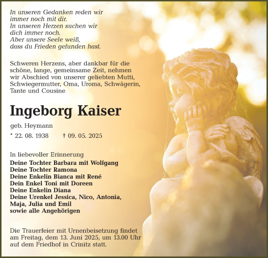 Traueranzeige von Ingeborg Kaiser von Lausitzer Rundschau