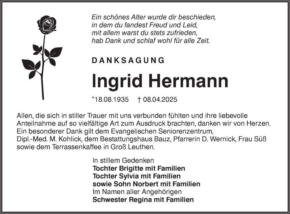  Traueranzeige für Ingrid Hermann vom 17.05.2025 aus Lausitzer Rundschau