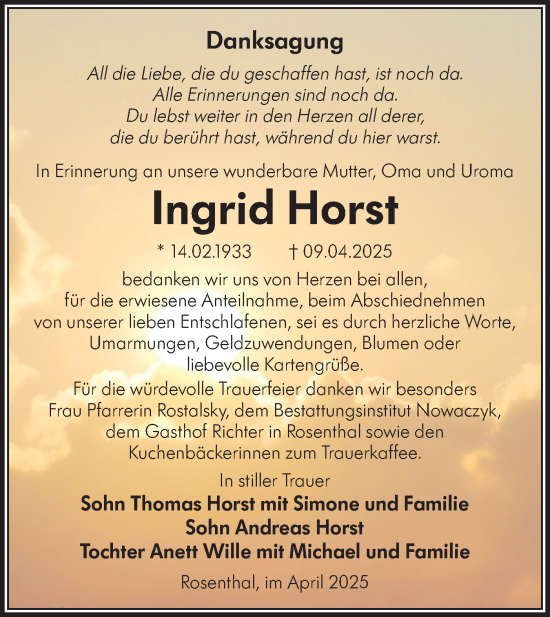 Traueranzeige von Ingrid Horst von Lausitzer Rundschau