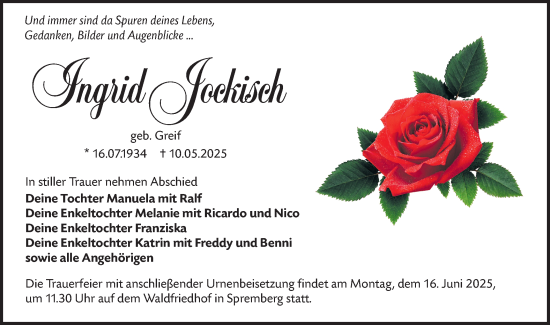 Traueranzeige von Ingrid Jockisch von Lausitzer Rundschau