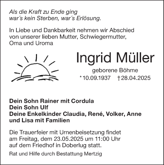 Traueranzeige von Ingrid Müller von Lausitzer Rundschau