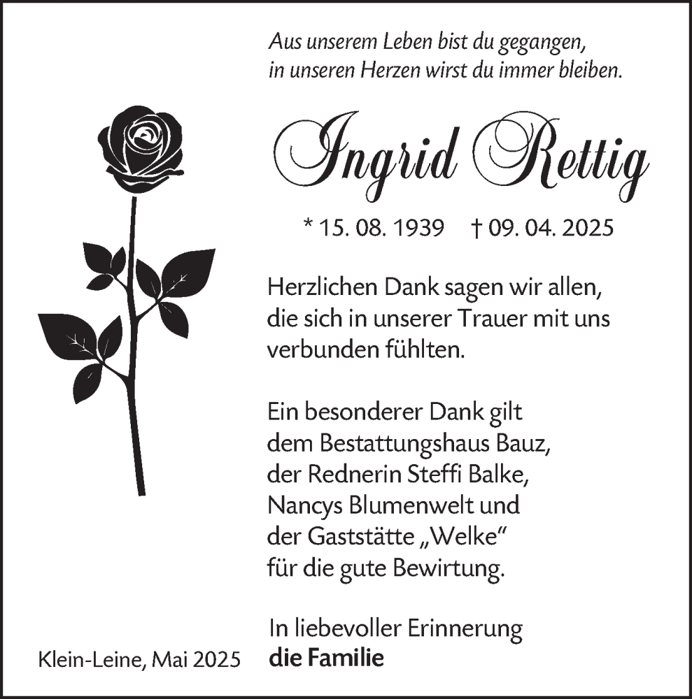  Traueranzeige für Ingrid Rettig vom 17.05.2025 aus Lausitzer Rundschau