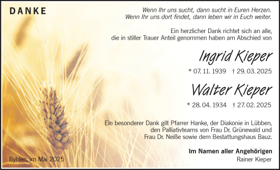 Traueranzeige von Ingrid und Walter Kieper von Lausitzer Rundschau