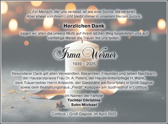 Traueranzeige von Irma Werner von Lausitzer Rundschau