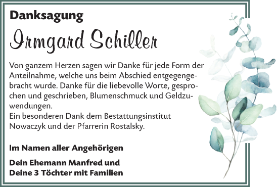 Traueranzeige von Irmgard Schiller von Lausitzer Rundschau