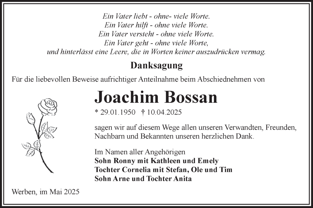  Traueranzeige für Joachim Bossan vom 24.05.2025 aus Lausitzer Rundschau