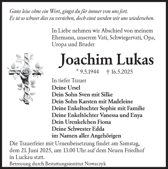 Traueranzeige von Joachim Lukas von Lausitzer Rundschau