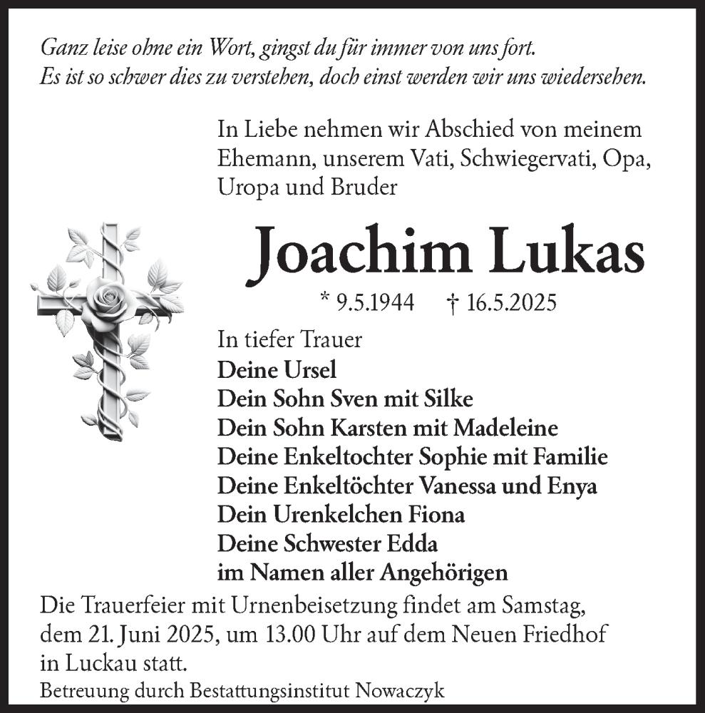  Traueranzeige für Joachim Lukas vom 31.05.2025 aus Lausitzer Rundschau