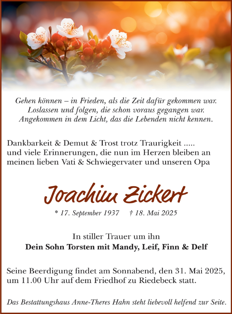  Traueranzeige für Joachim Zickert vom 24.05.2025 aus Lausitzer Rundschau