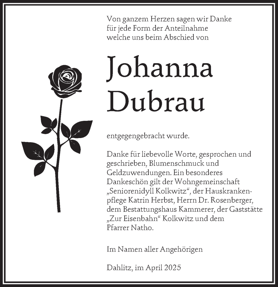  Traueranzeige für Johanna Dubrau vom 06.05.2025 aus Lausitzer Rundschau