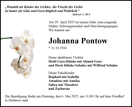 Traueranzeige von Johanna Pontow von Lausitzer Rundschau