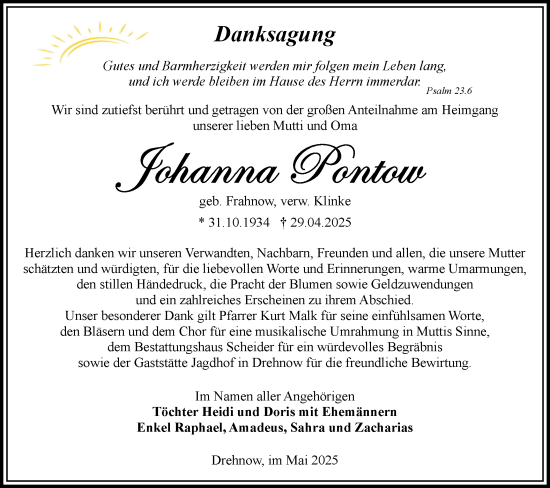 Traueranzeige von Johanna Pontow von Lausitzer Rundschau