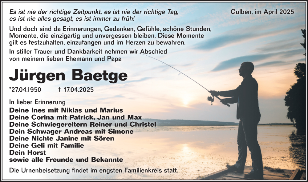  Traueranzeige für Jürgen Baetge vom 10.05.2025 aus Lausitzer Rundschau