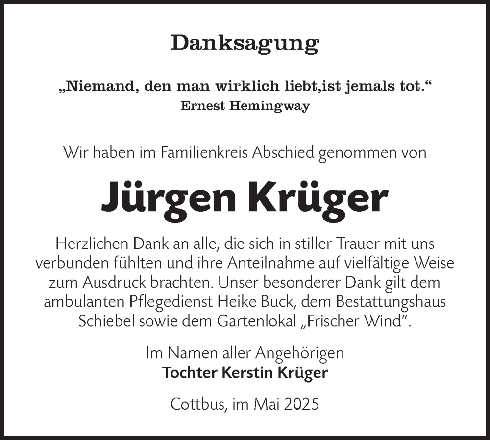  Traueranzeige für Jürgen Krüger vom 10.05.2025 aus Lausitzer Rundschau