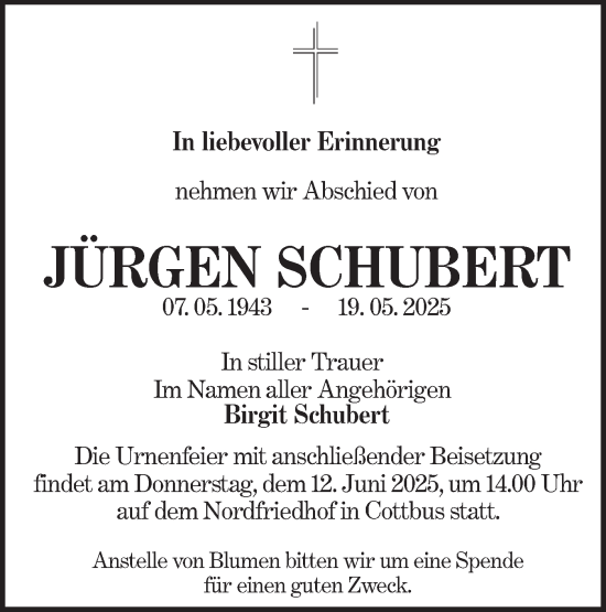 Traueranzeige von Jürgen Schubert von Lausitzer Rundschau